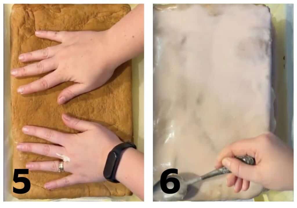 Two images side by side: Left shows hands pressing down on a pastry filled with semolina custard filling; right shows icing being spread on the pastry with a spoon. Numbers 5 and 6 are in the lower corners.