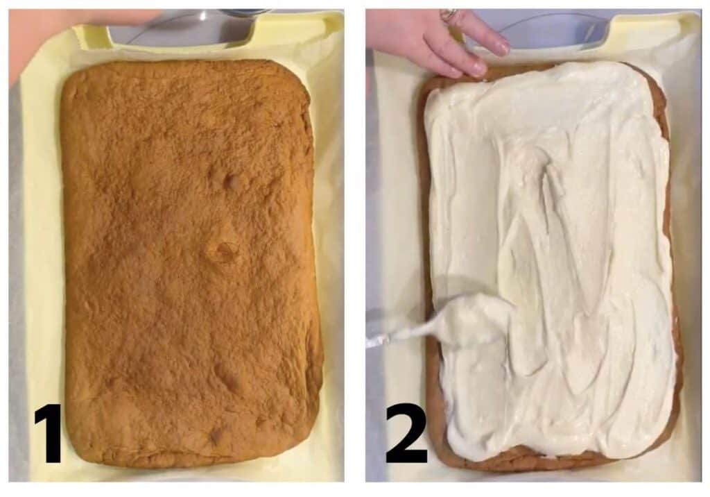 Two images: 1. A plain rectangular Polish Gingerbread Cake on parchment paper. 2. The same piernik being frosted with white icing using a spoon.