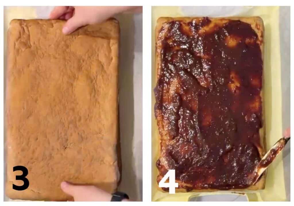 Two images: Left shows hands holding a large, plain rectangular cake. Right displays a hand spreading thick sauce over a rectangular cake with the number 4 in the corner. The scene hints at crafting a delightful piernik or perhaps infusing it with rich semolina custard filling.