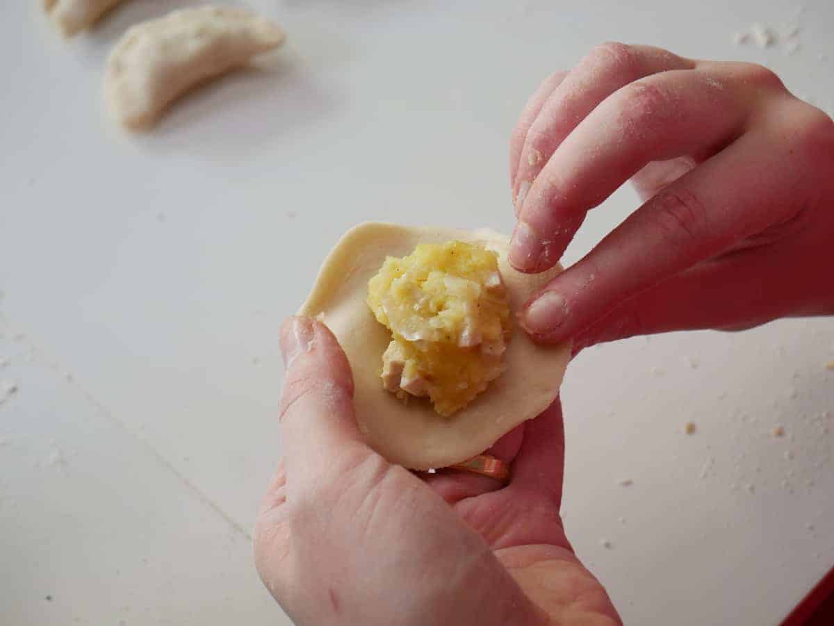 A person preparing a vegan dumpling filling to replicate the authentic taste of the original.