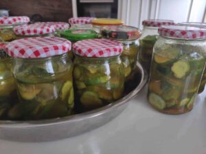 Canned curried cucumber pickles.