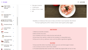 A webpage displays a tomato salad recipe with a list of ingredients and preparation method, as featured in Polish Summer Recipes. A photo of the dish is shown on the right, and a navigation menu is on the left, making it feel like browsing through an interactive cookbook.