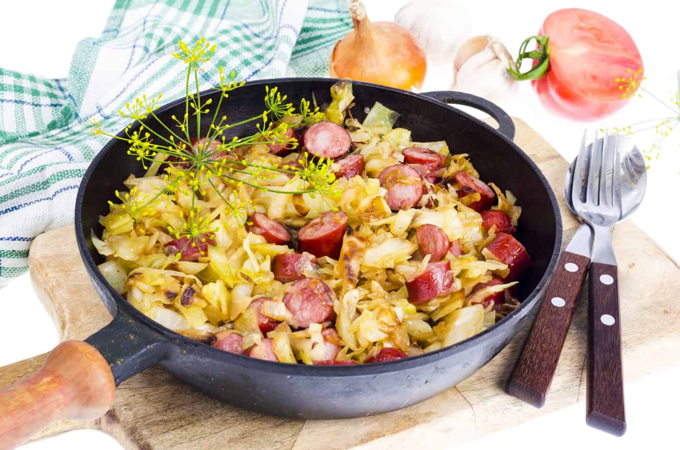 Traditional Polish kielbasa and sauerkraut served up hot