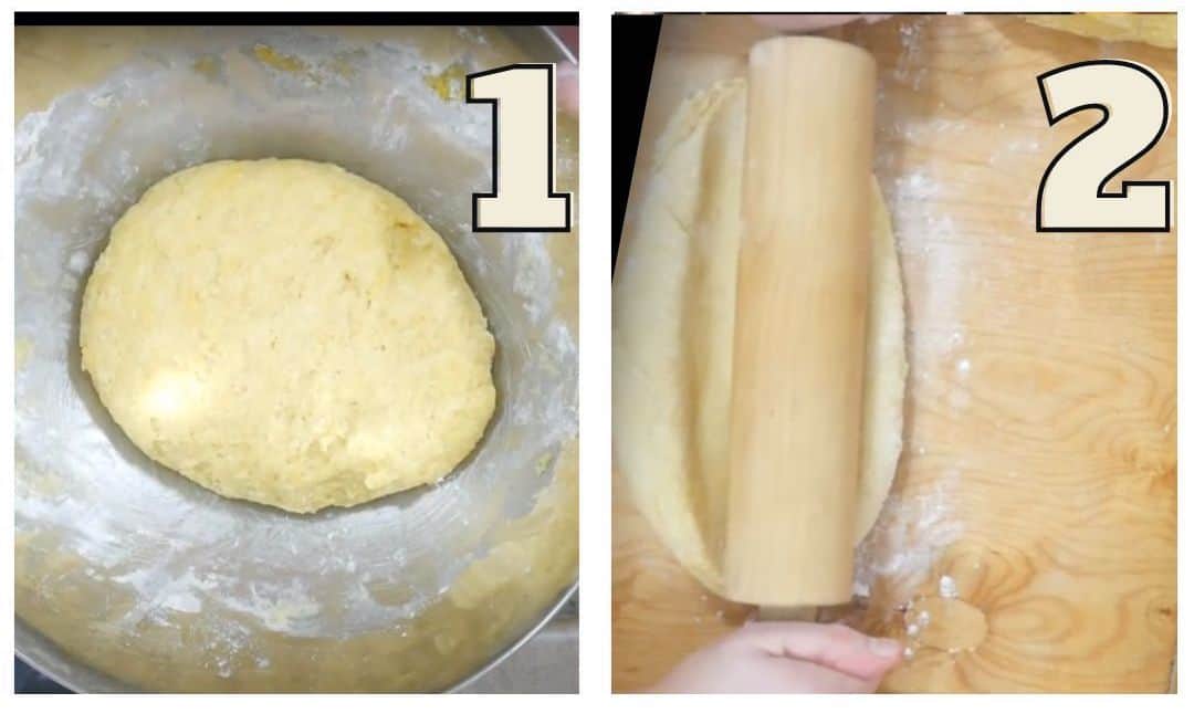 Step-by-step images showing dough preparation for a polish poppy seed roll recipe: 1. Dough in a bowl after kneading. 2. Hand using a rolling pin to flatten dough on a wooden surface.
