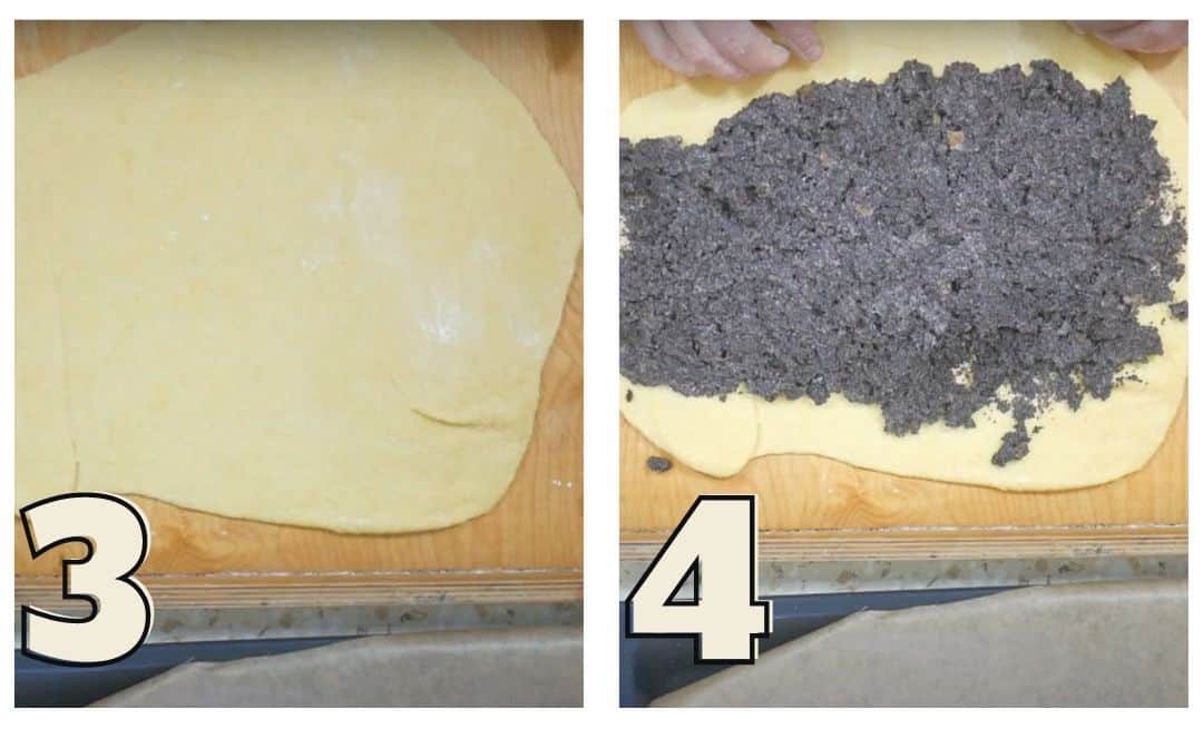 Dough rolled flat on a counter; step 3 shows plain dough, step 4 shows dough topped with a layer of ground meat mixture for a Polish poppy seed roll recipe.
