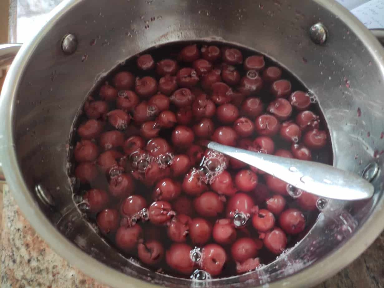 Making the cherry jelly for the Polish chocolate cherry cake.