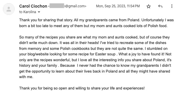 An email from Carol Ciochon, sent on Mon, Sep 25, 2023, expressing gratitude and sharing personal anecdotes about Polish heritage, cooking, and learning family history after discovering a blog.
