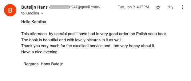 Email from Hans Buteijn to Karolina, thanking her for the Polish soup book received in good condition and appreciating its beauty and service. The email is dated Tuesday, Jan 9, 4:17 PM.