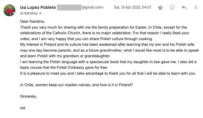 Email header and a message expressing gratitude for sharing Polish Easter traditions. The sender discusses cultural learning with their family and asks about maiden name customs in Poland.