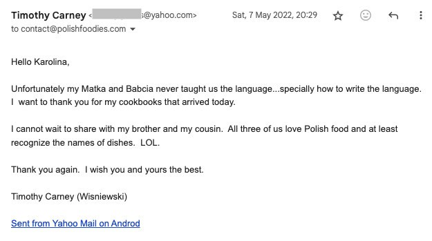 Email from Timothy Carney expressing gratitude for receiving cookbooks, mentioning his Polish heritage and his fondness for Polish cuisine. The email is addressed to Karolina and ends with warm regards.