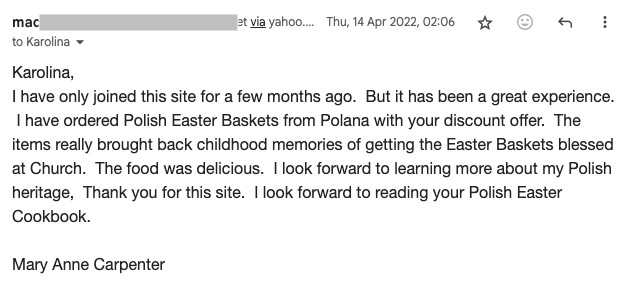 An email from Mary Anne Carpenter expressing gratitude for a website about Polish culture, mentioning Easter baskets from Polana and childhood memories related to them.