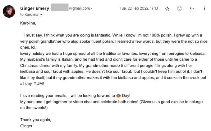 An email from Ginger Emery to Karolina, discussing family traditions and a keilbasa apples recipe. Ginger appreciates Karolina's efforts despite not being fluent in Polish and looks forward to Valentine's Day.