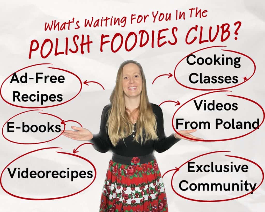 A woman with outstretched arms is surrounded by text bubbles listing Polish Foodies benefits: ad-free recipes, e-books, videorecipes, cooking classes, videos from Poland, and exclusive community access—all celebrating the rich flavors of Polish cuisine.