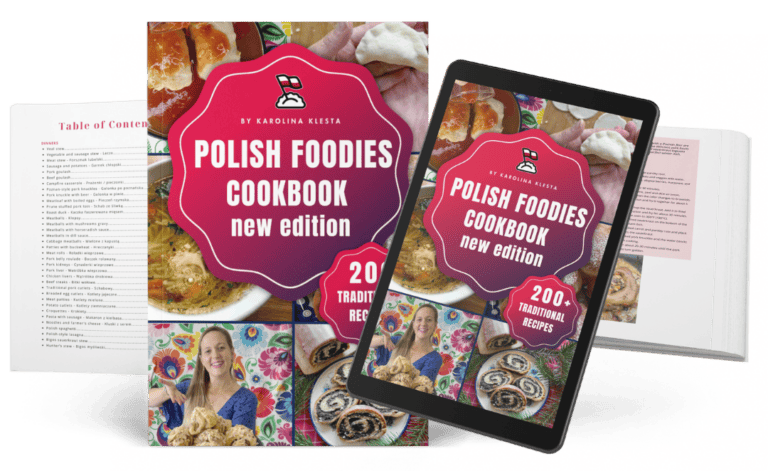 Covers of the "Polish Foodies Cookbook: New Edition" with 200 recipes are elegantly displayed, accompanied by a tablet showing vibrant images and an open book revealing the detailed table of contents for Polish cuisine enthusiasts.