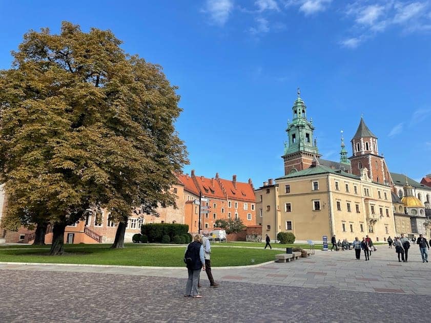 People walk near large trees and historic buildings with towers under a blue sky in a spacious, open square, evoking the charm of must-see castles in Poland.