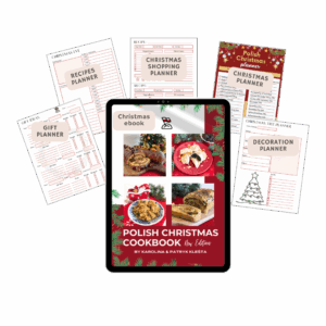 An iPad displaying "Polish Christmas Cookbook" is surrounded by gift, recipe, shopping, Christmas Kit, and decoration planners arranged in a semicircle.